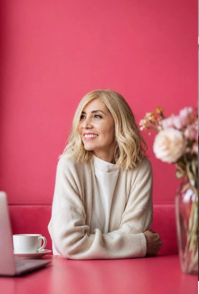 Alis sonriendo en una mesa con flores